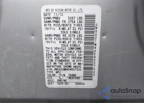 2014 Nissan Murano Sl из США, поврежденный, VIN JN8AZ1MWXEW507320